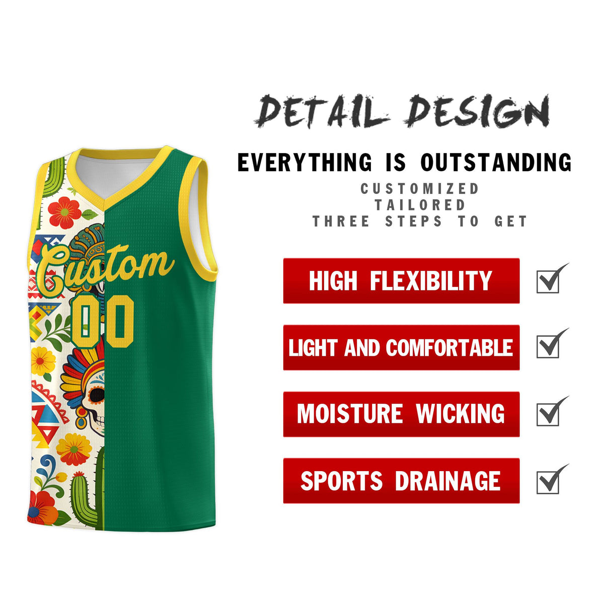 Custom Kelly Green Skeleton Mexican Colors Graffiti Patterns Quick-Drying Uniform Basketball Jersey