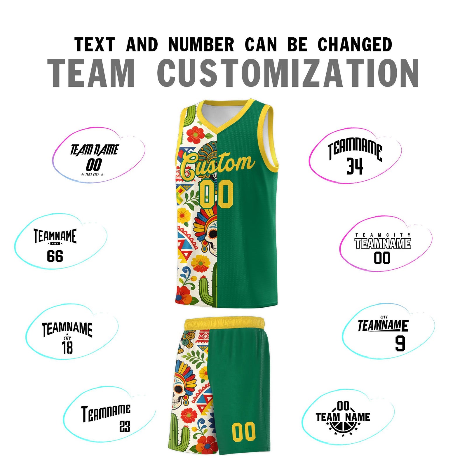 Custom Kelly Green Skeleton Mexican Colors Graffiti Patterns Quick-Drying Uniform Basketball Jersey