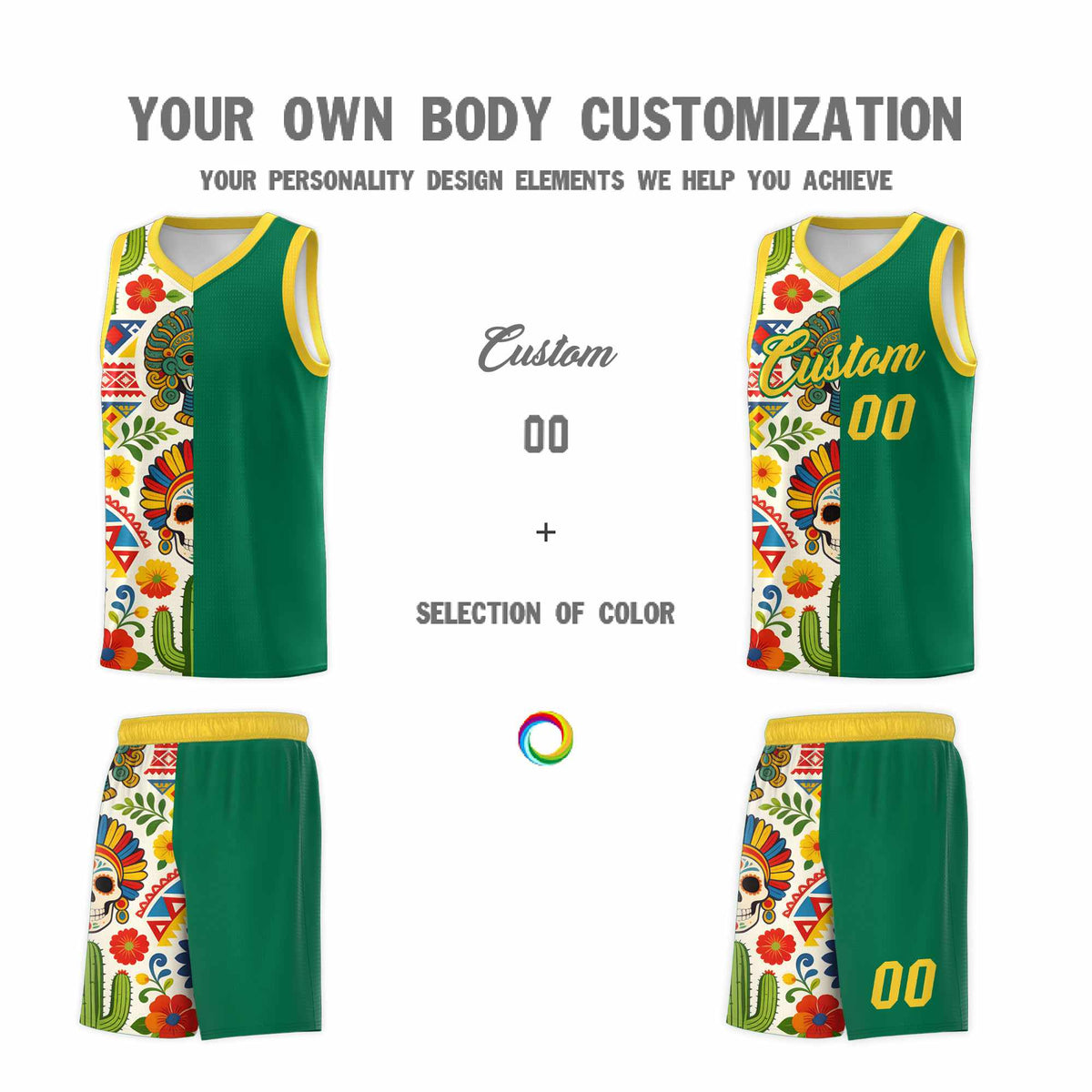 Custom Kelly Green Skeleton Mexican Colors Graffiti Patterns Quick-Drying Uniform Basketball Jersey
