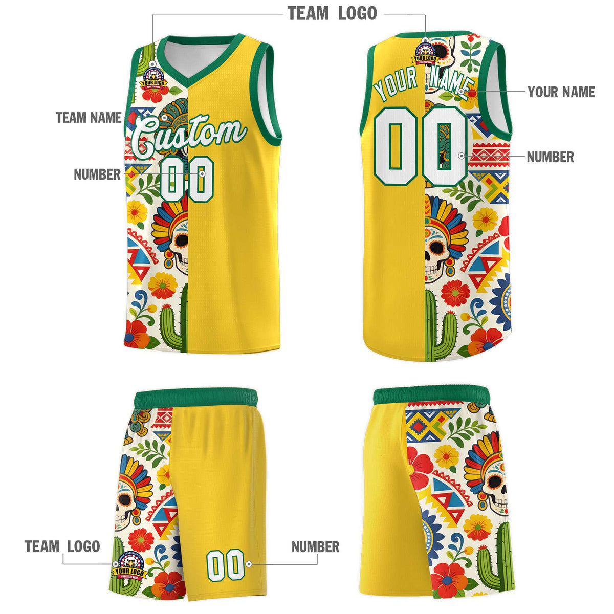 Custom Gold Skeleton Mexican Colors Graffiti Patterns Lightweight Uniform Basketball Jersey