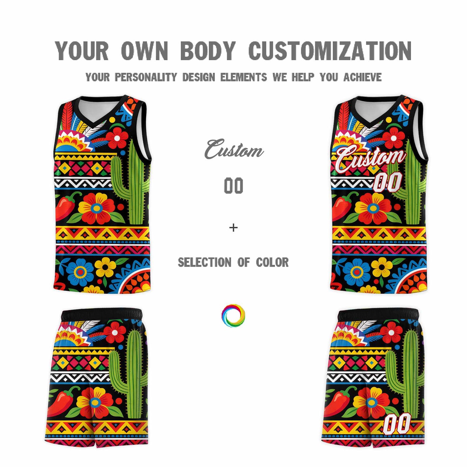 Custom Black Cactus Mexican Colors Graffiti Patterns Wrinkle-Resistant Uniform Basketball Jersey