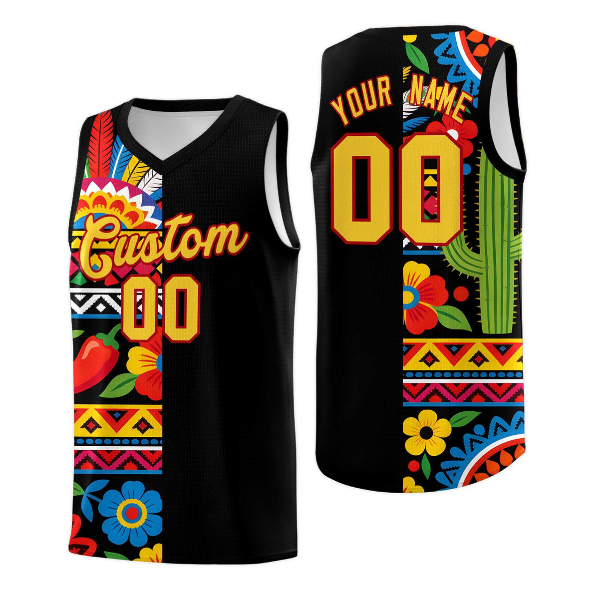 Custom Black Cactus Mexican Colors Graffiti Patterns Drapable Uniform Basketball Jersey