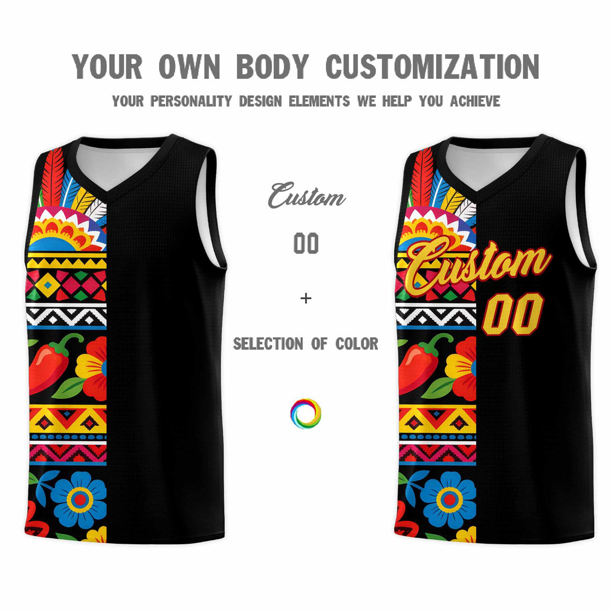 Custom Black Cactus Mexican Colors Graffiti Patterns Drapable Uniform Basketball Jersey