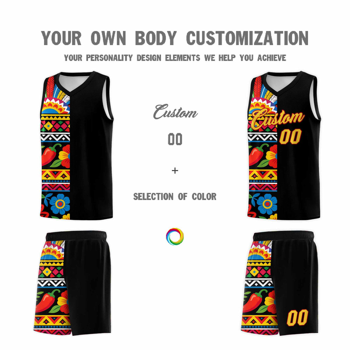 Custom Black Cactus Mexican Colors Graffiti Patterns Drapable Uniform Basketball Jersey