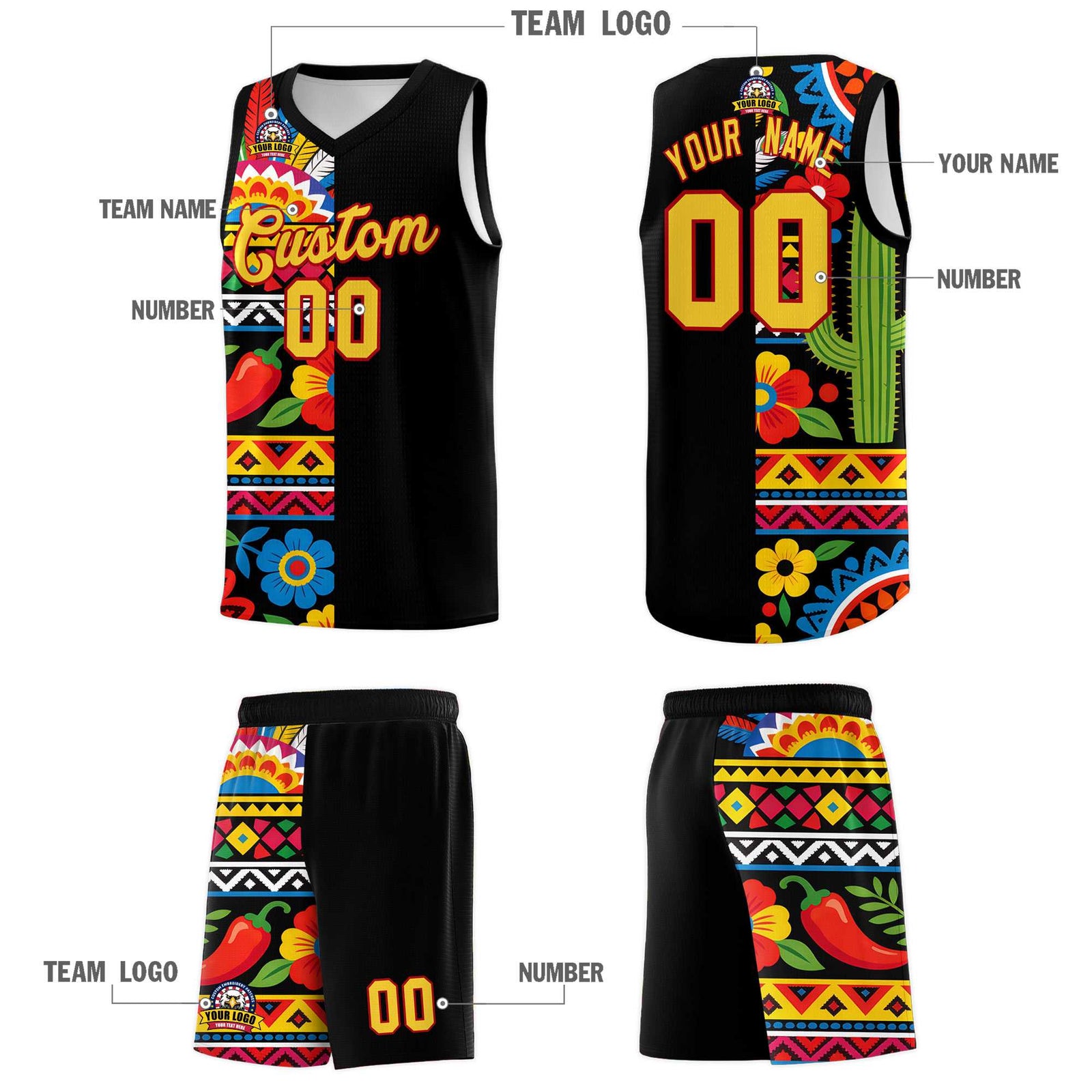 Custom Black Cactus Mexican Colors Graffiti Patterns Drapable Uniform Basketball Jersey