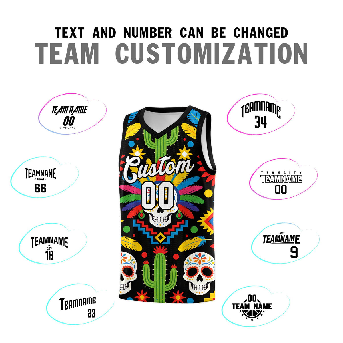 Custom Black Skeleton Mexican Colors Graffiti Patterns Sublimation Printing Uniform Basketball Jersey