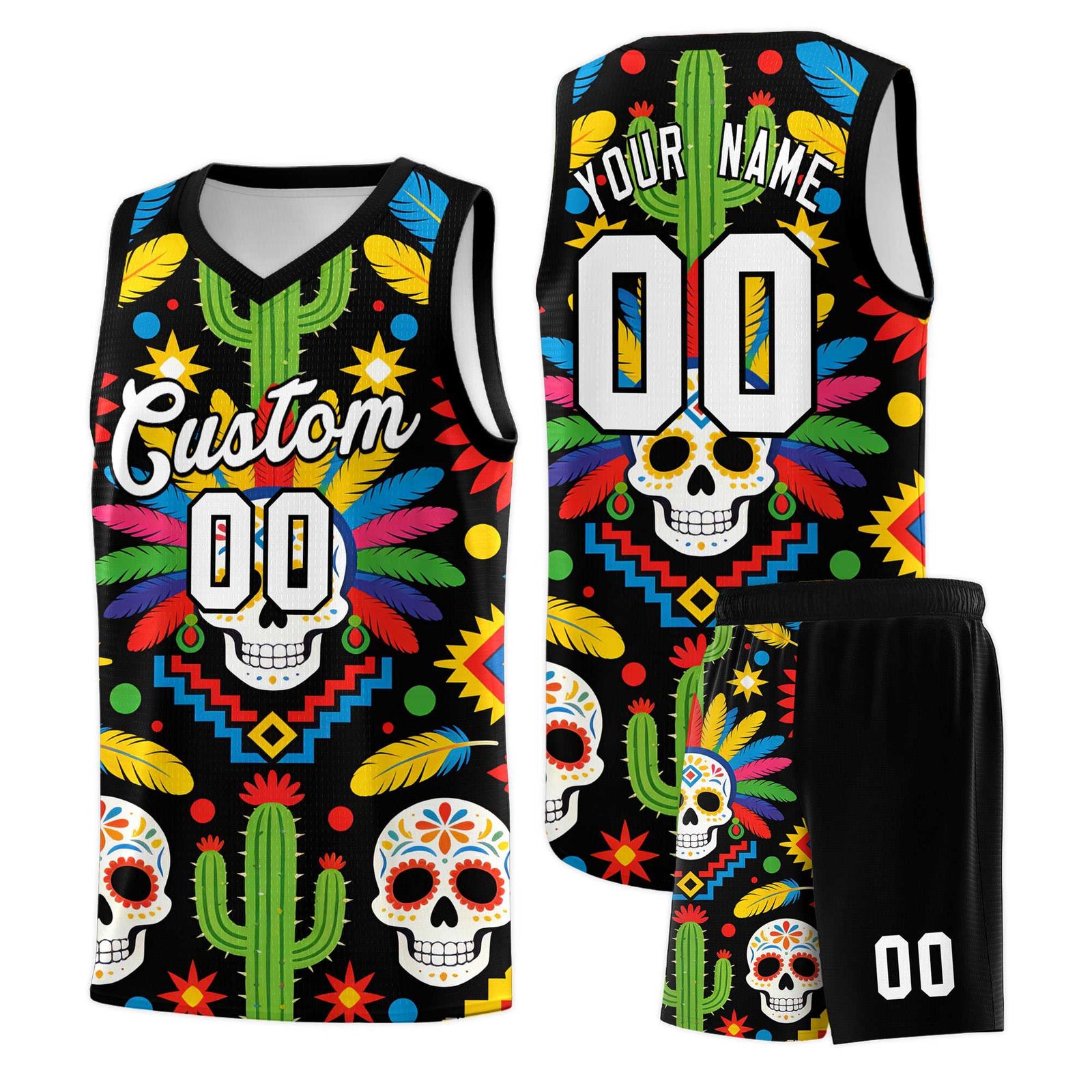 Custom Black Skeleton Mexican Colors Graffiti Patterns Sublimation Printing Uniform Basketball Jersey