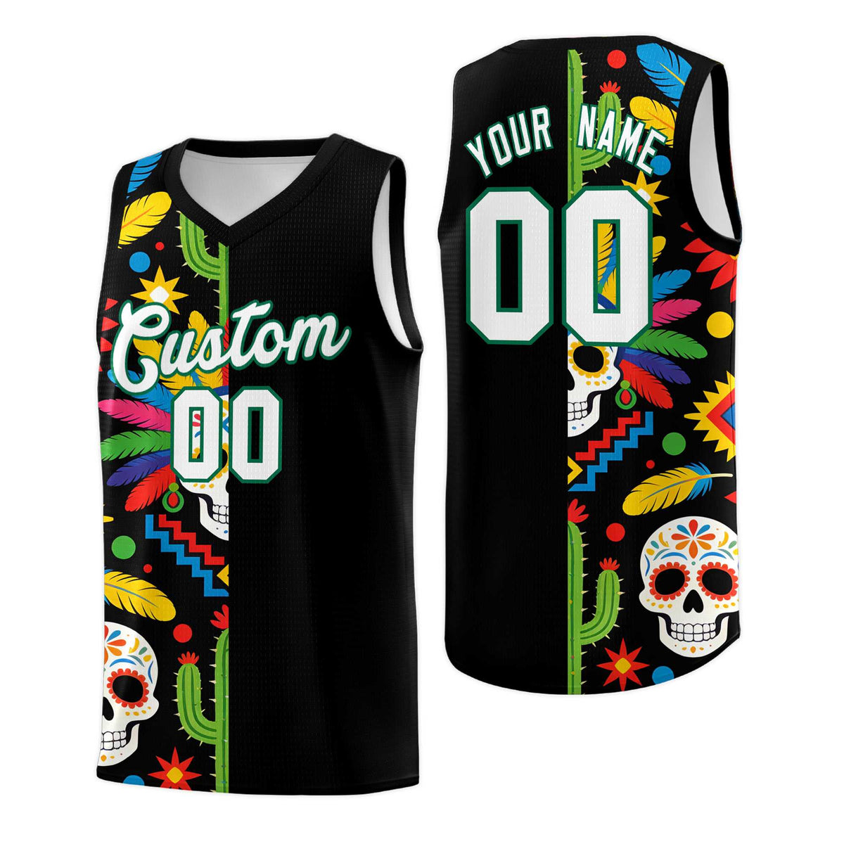 Custom Black Skeleton Mexican Colors Graffiti Patterns Breathable Uniform Basketball Jersey