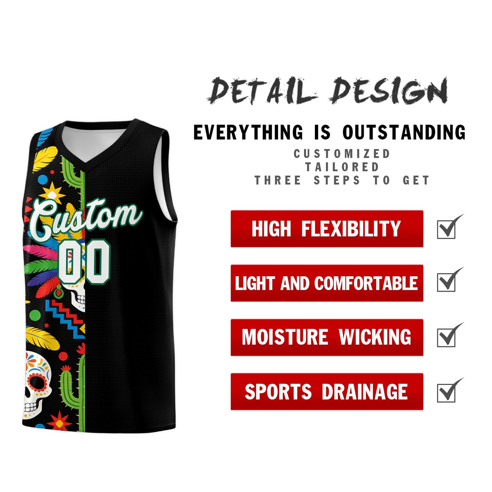 Custom Black Skeleton Mexican Colors Graffiti Patterns Breathable Uniform Basketball Jersey
