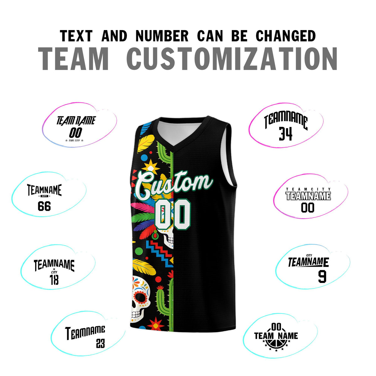 Custom Black Skeleton Mexican Colors Graffiti Patterns Breathable Uniform Basketball Jersey
