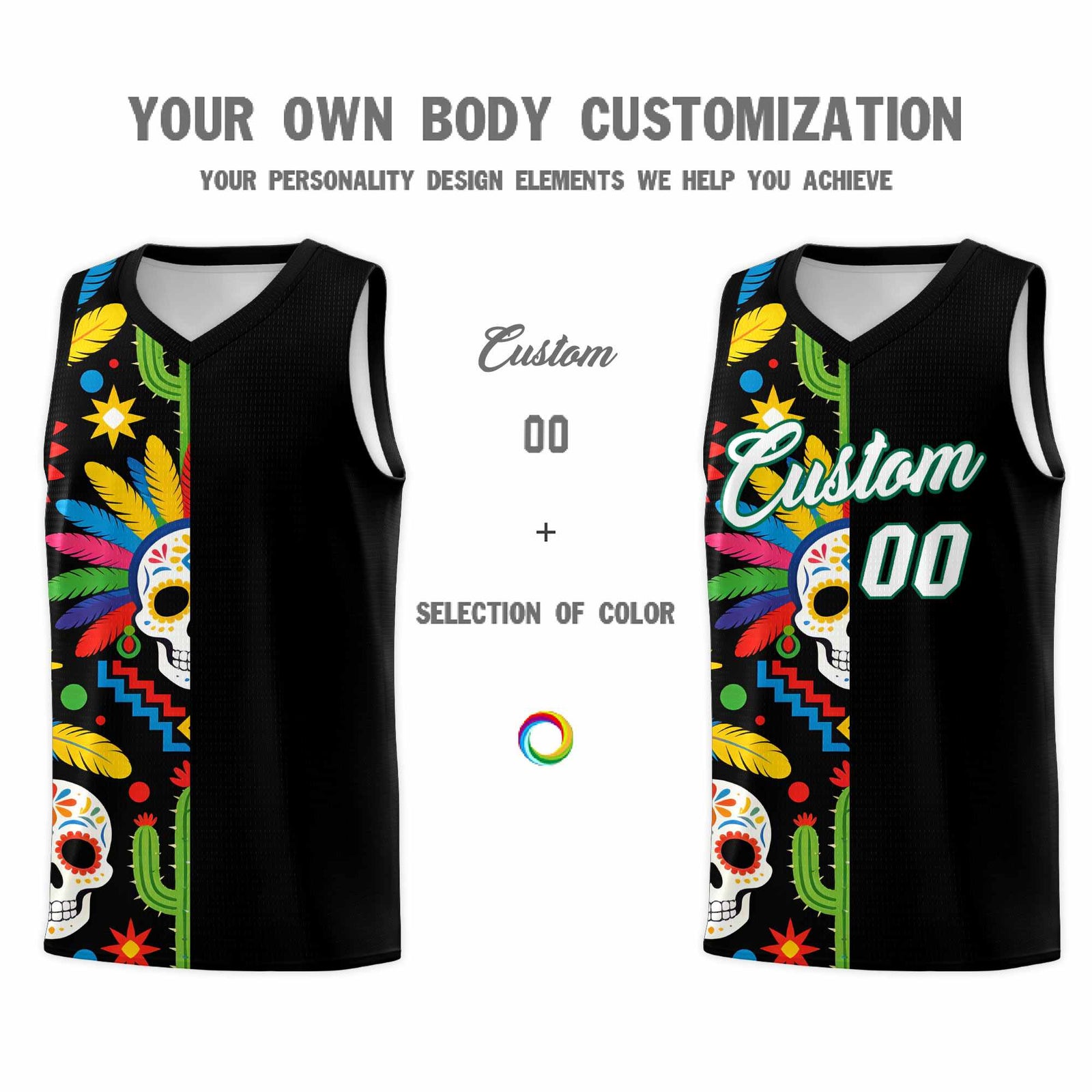 Custom Black Skeleton Mexican Colors Graffiti Patterns Breathable Uniform Basketball Jersey