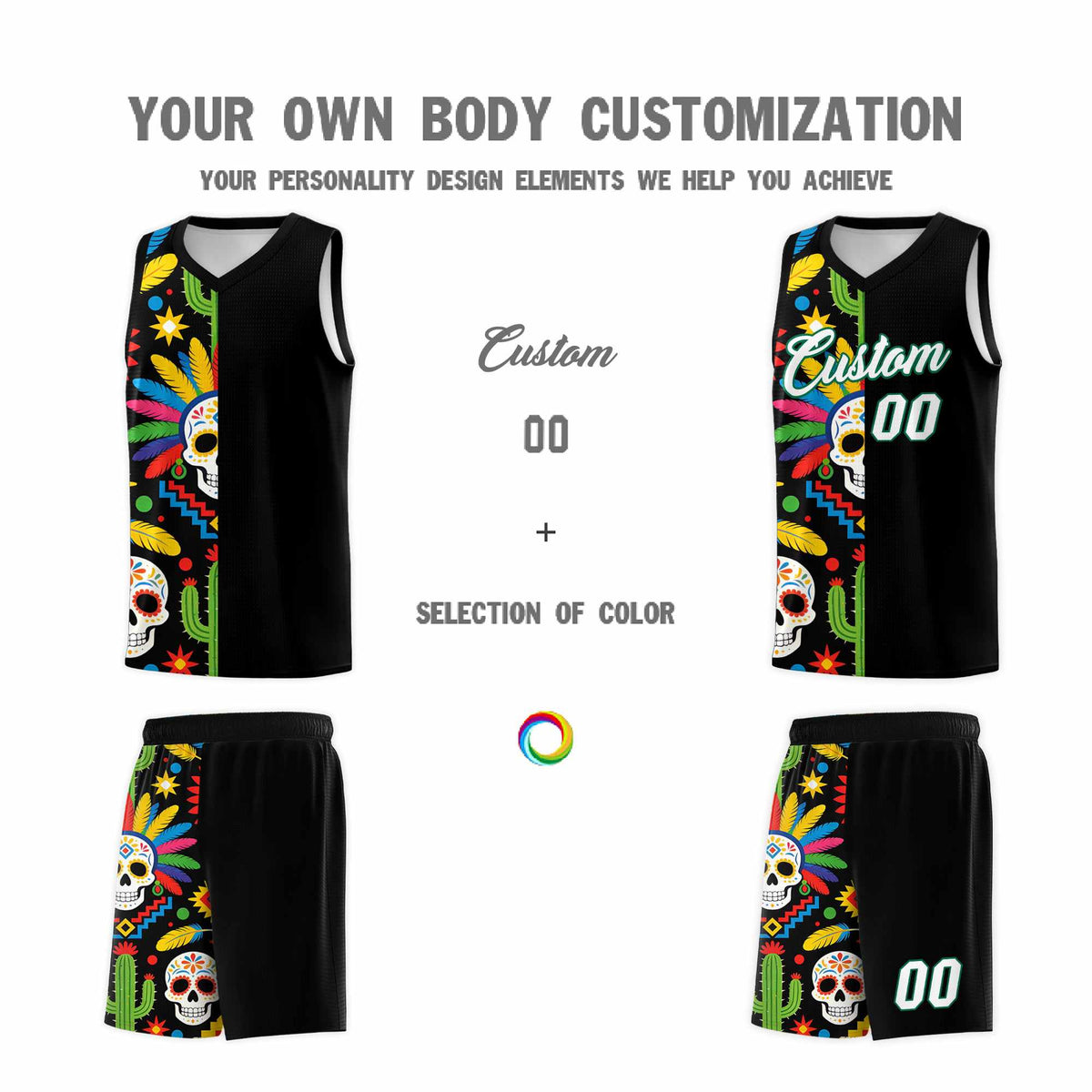 Custom Black Skeleton Mexican Colors Graffiti Patterns Breathable Uniform Basketball Jersey