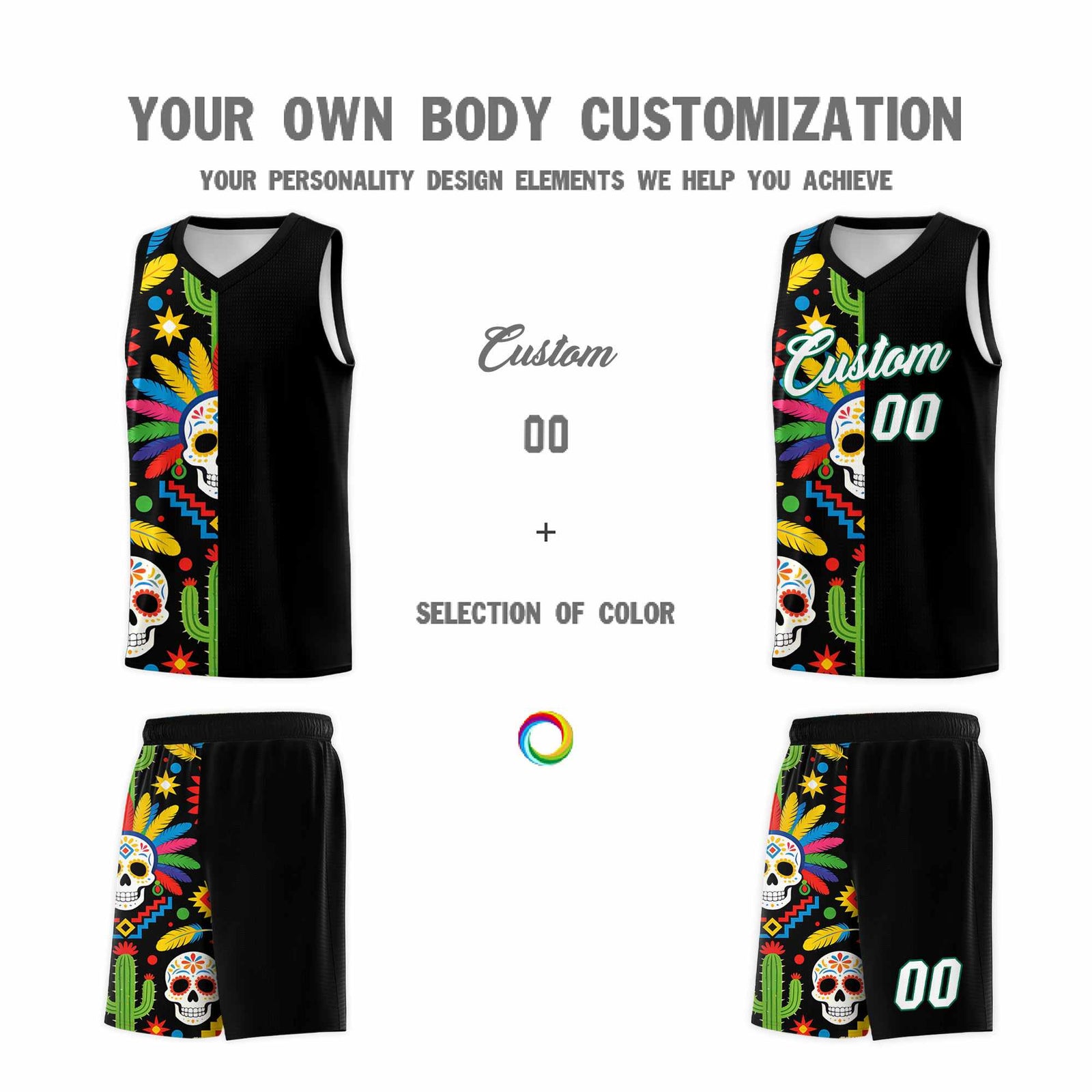Custom Black Skeleton Mexican Colors Graffiti Patterns Breathable Uniform Basketball Jersey