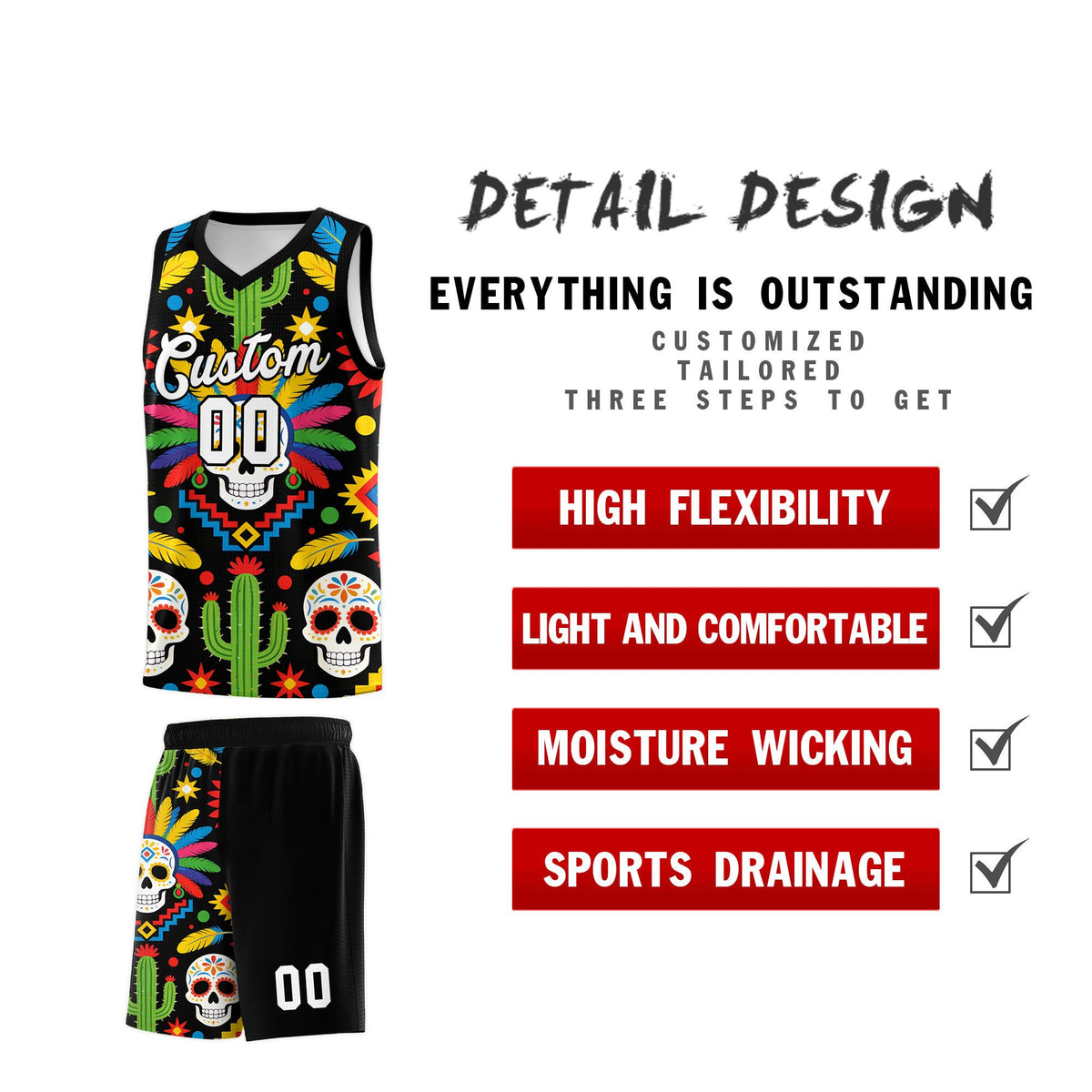Custom Black Skeleton Mexican Colors Graffiti Patterns Quick-Drying Uniform Basketball Jersey