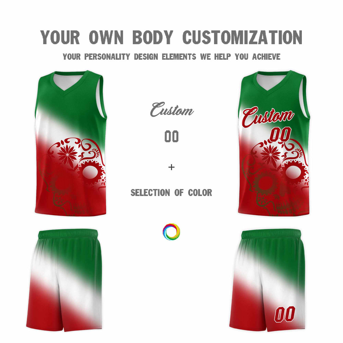 Custom White Kelly Green Red Mexican Colors Graffiti Patterns Lightweight Uniform Basketball Jersey