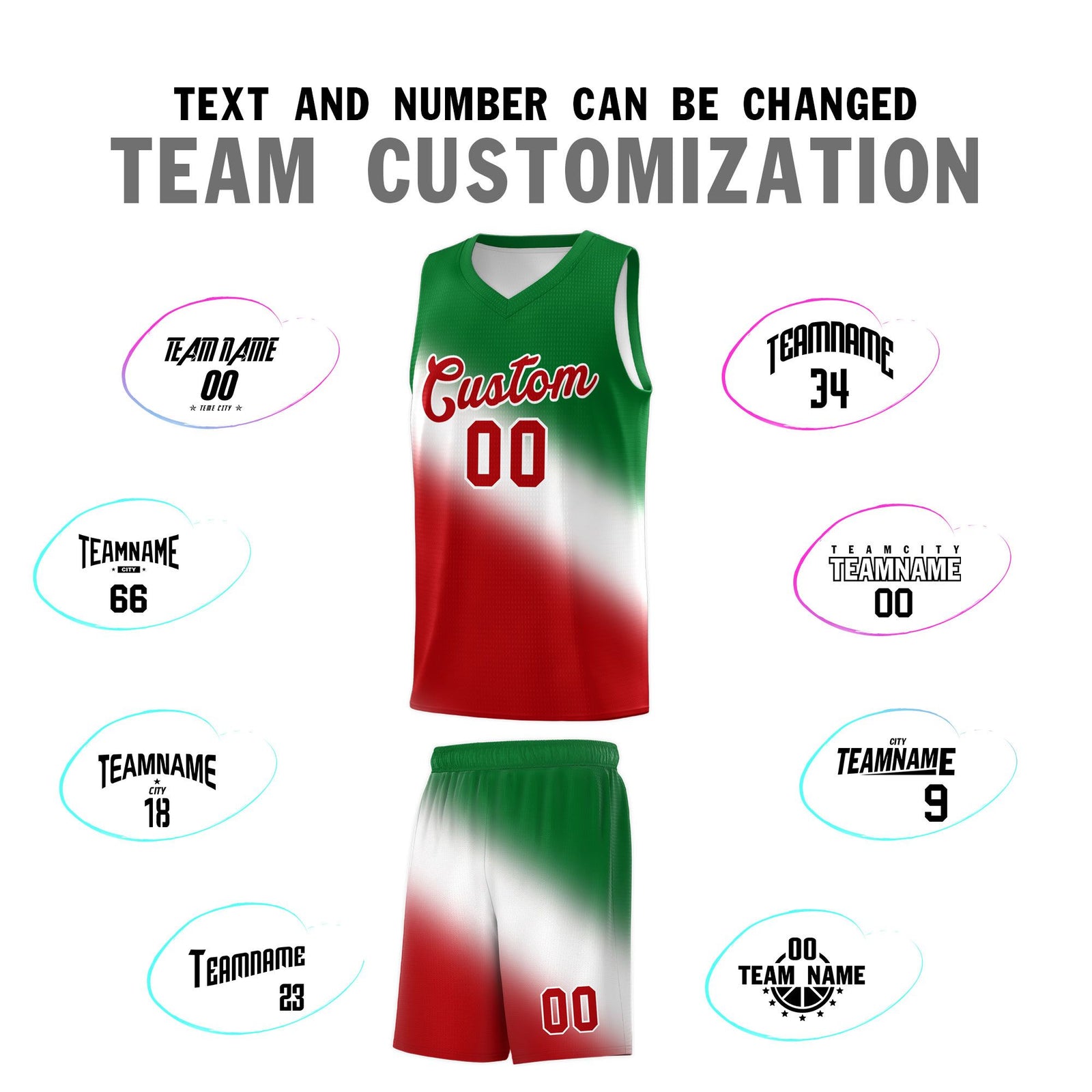 Custom White Kelly Green Red Mexican Colors Graffiti Patterns Wrinkle-Resistant Uniform Basketball Jersey
