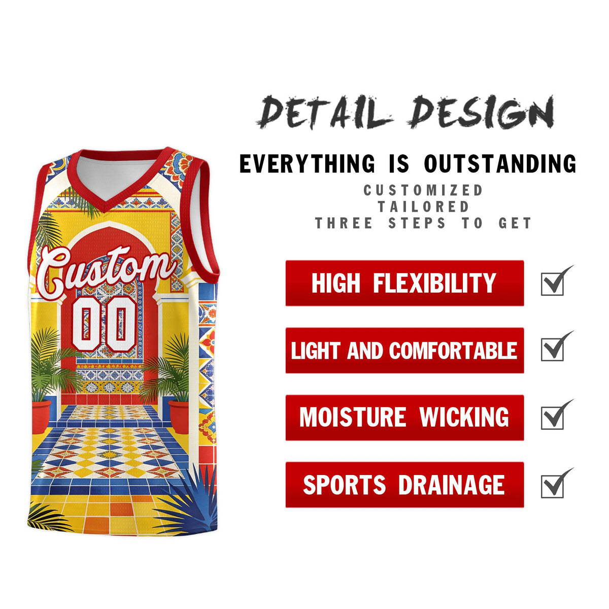 Custom Palace pattern Red Mexican Colors Graffiti Patterns Sublimation Printing Uniform Basketball Jersey