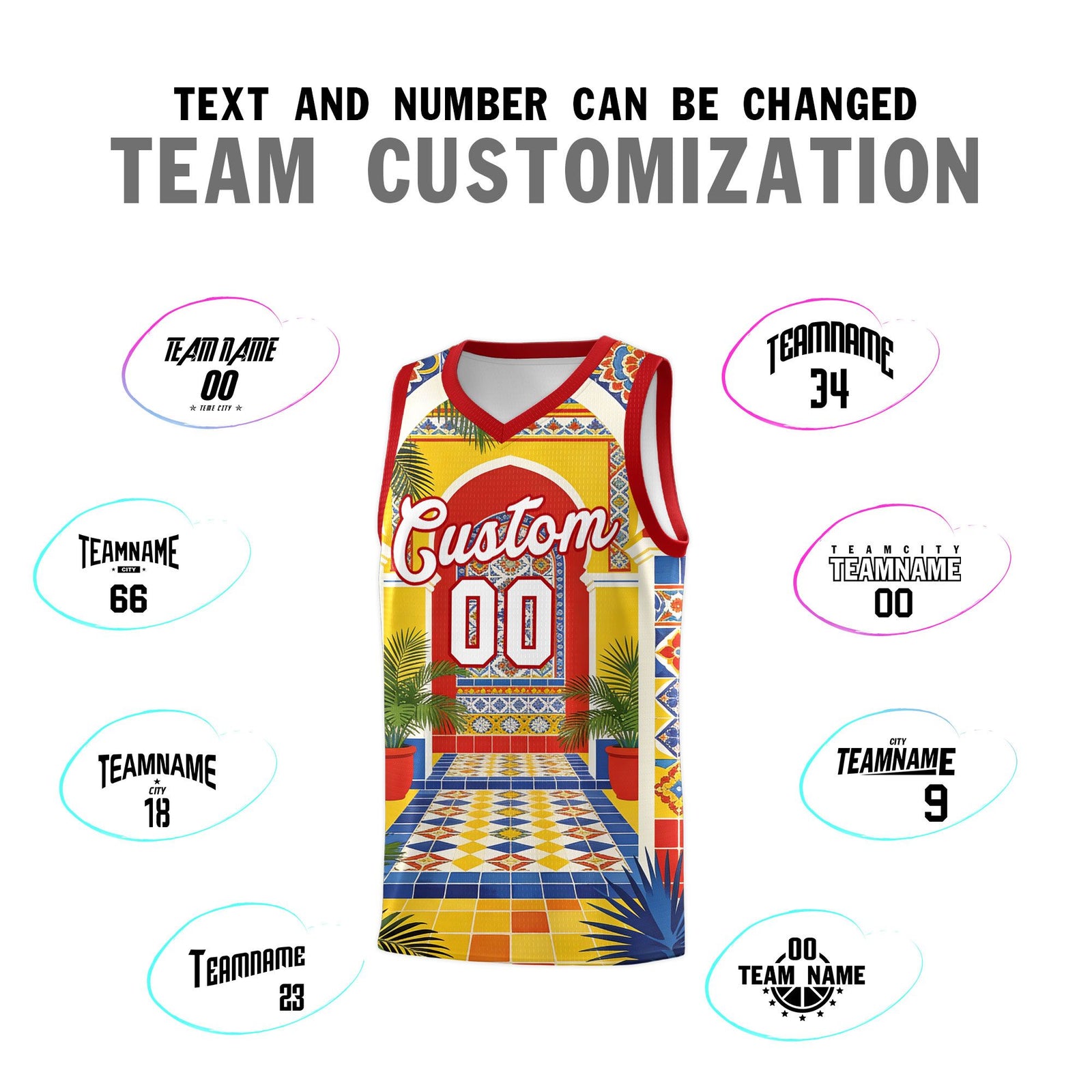 Custom Palace pattern Red Mexican Colors Graffiti Patterns Sublimation Printing Uniform Basketball Jersey