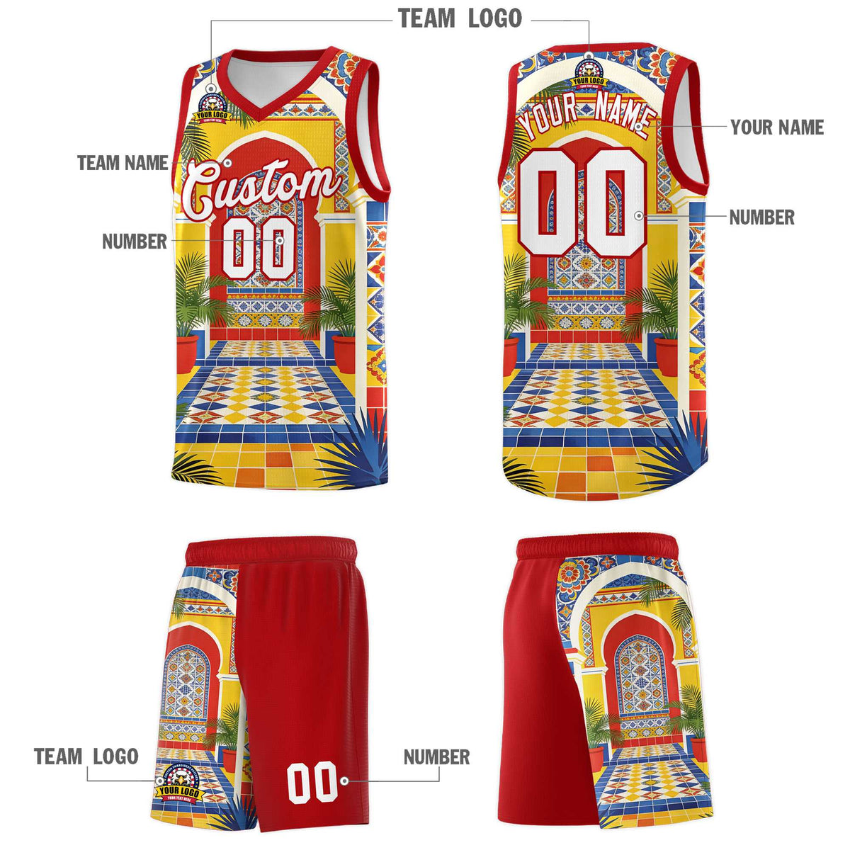 Custom Palace pattern Red Mexican Colors Graffiti Patterns Sublimation Printing Uniform Basketball Jersey