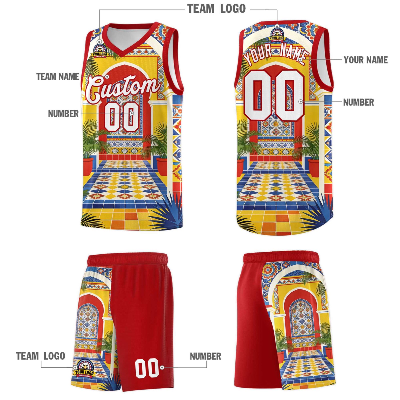 Custom Palace pattern Red Mexican Colors Graffiti Patterns Sublimation Printing Uniform Basketball Jersey