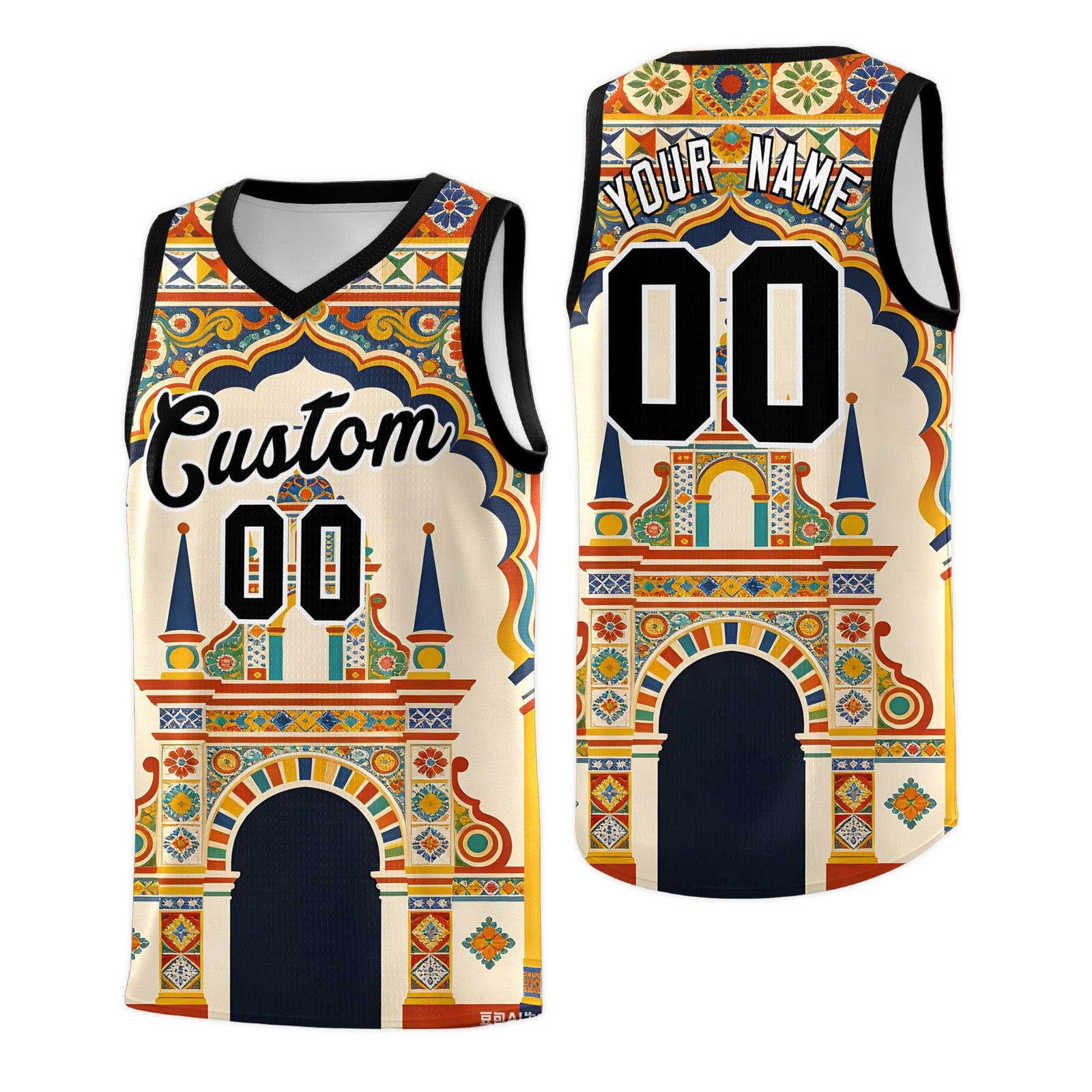 Custom Palace pattern Black Mexican Colors Graffiti Patterns Breathable Uniform Basketball Jersey