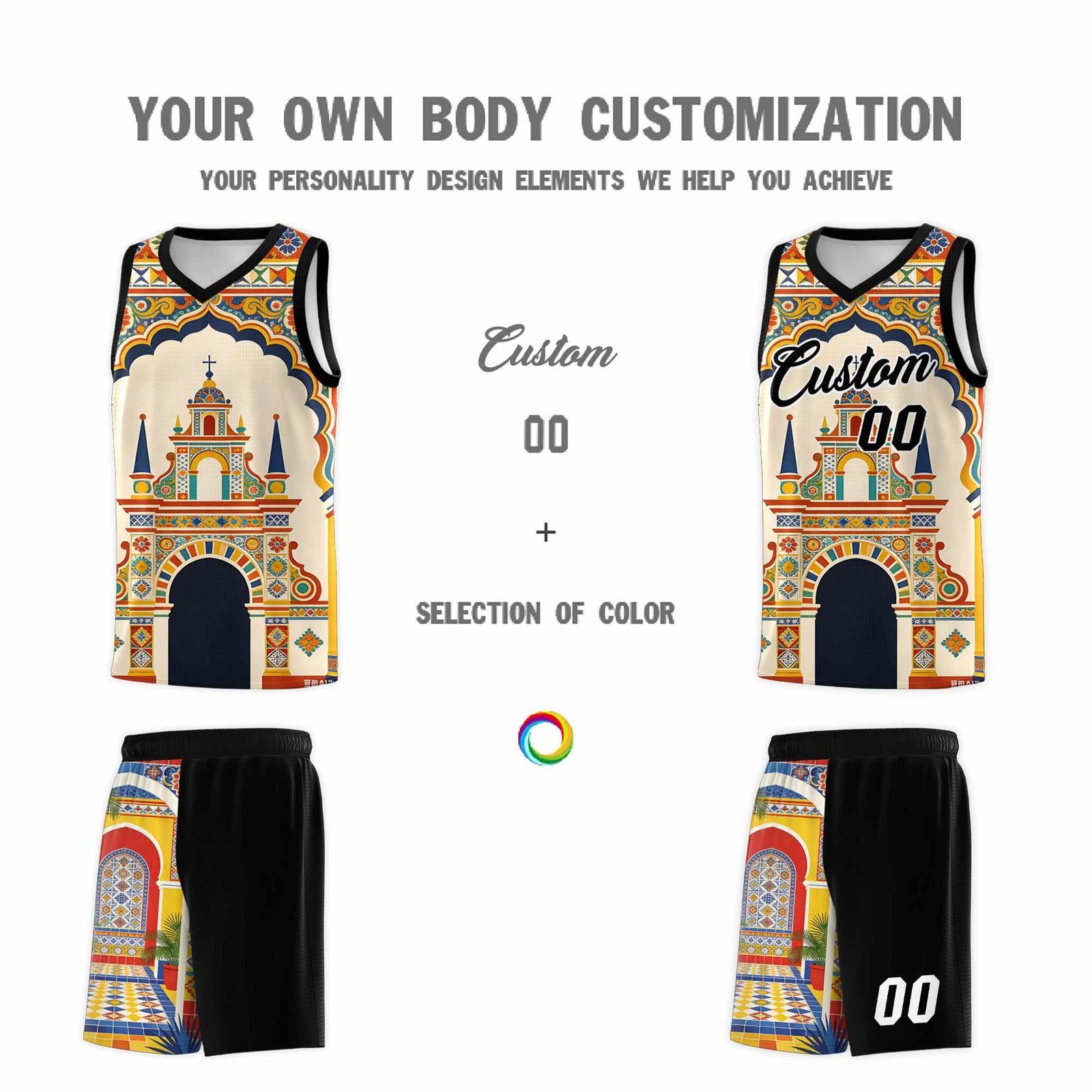 Custom Palace pattern Black Mexican Colors Graffiti Patterns Breathable Uniform Basketball Jersey