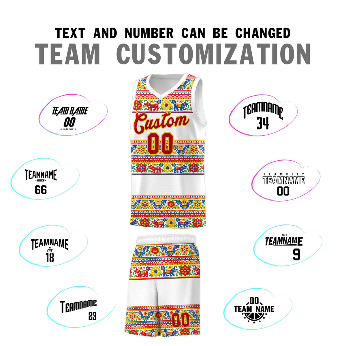 Custom White Colorfulflower pattern Mexican Colors Graffiti Patterns Quick-Drying Uniform Basketball Jersey