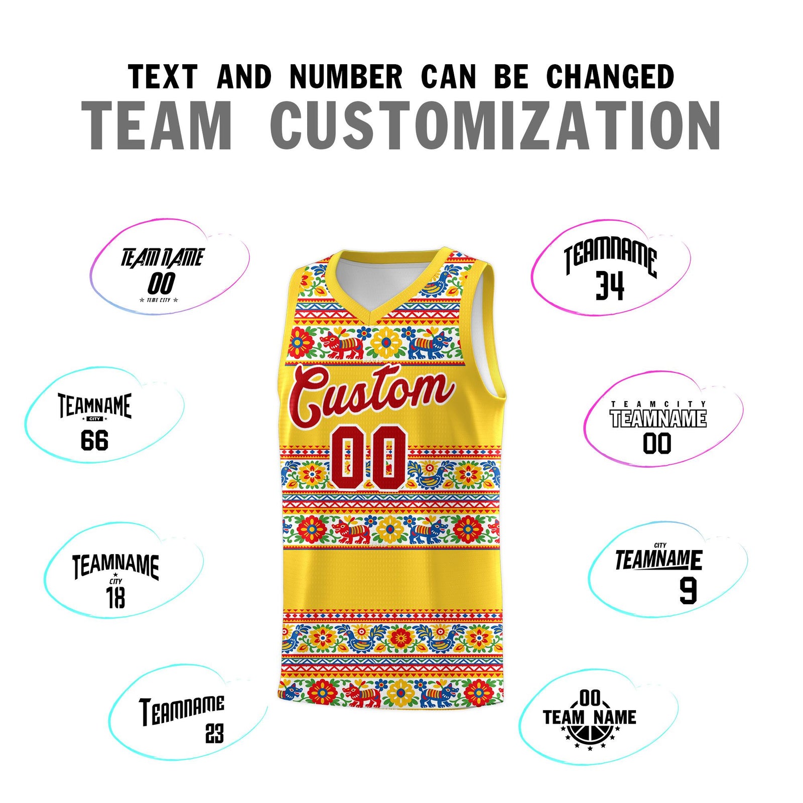 Custom Gold Colorfulflower pattern Mexican Colors Graffiti Patterns Lightweight Uniform Basketball Jersey
