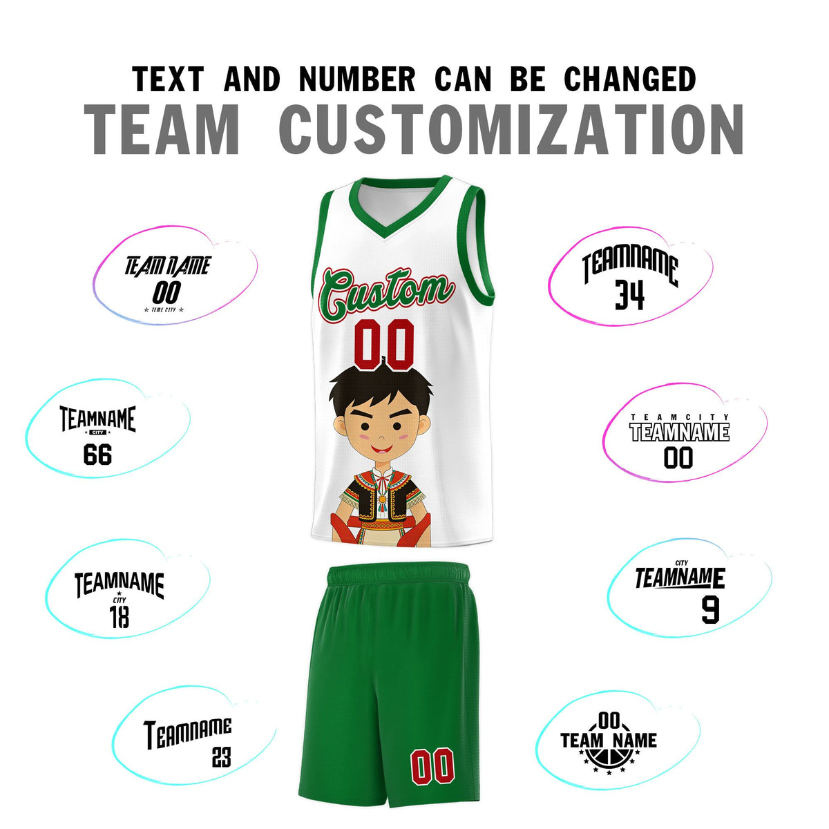 Custom White Kelly Green Mexican Colors Graffiti Patterns Breathable Uniform Basketball Jersey