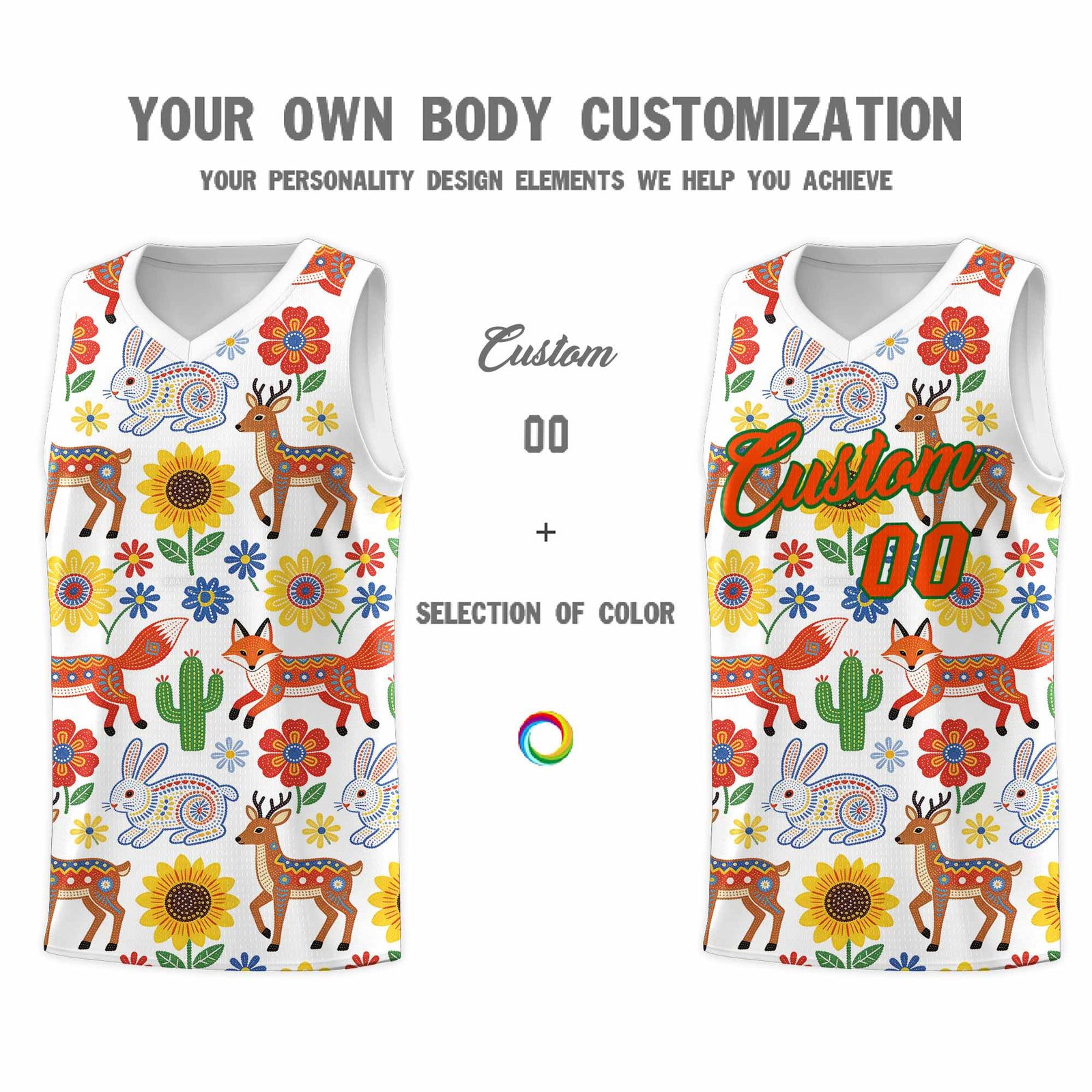 Custom White Chrysanthemum OrangeMexican Colors Graffiti Patterns Quick-Drying Uniform Basketball Jersey