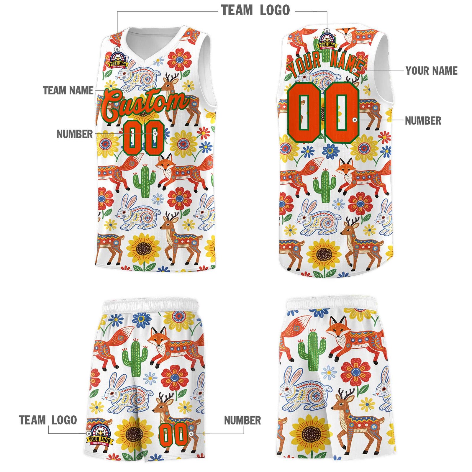 Custom White Chrysanthemum OrangeMexican Colors Graffiti Patterns Quick-Drying Uniform Basketball Jersey
