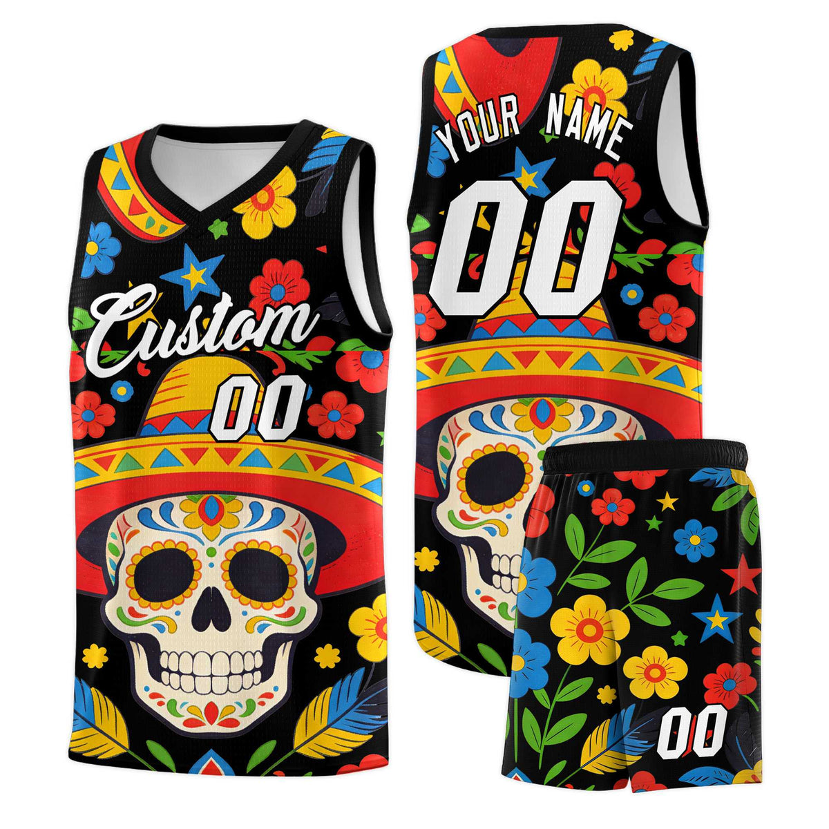 Custom Black Skeleton Mexican Colors Graffiti Patterns Breathable Uniform Basketball Jersey