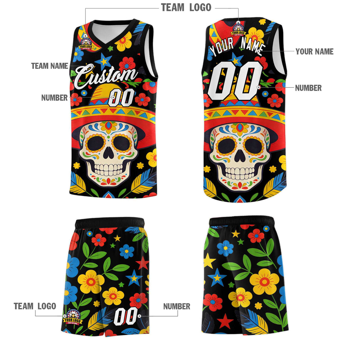 Custom Black Skeleton Mexican Colors Graffiti Patterns Breathable Uniform Basketball Jersey