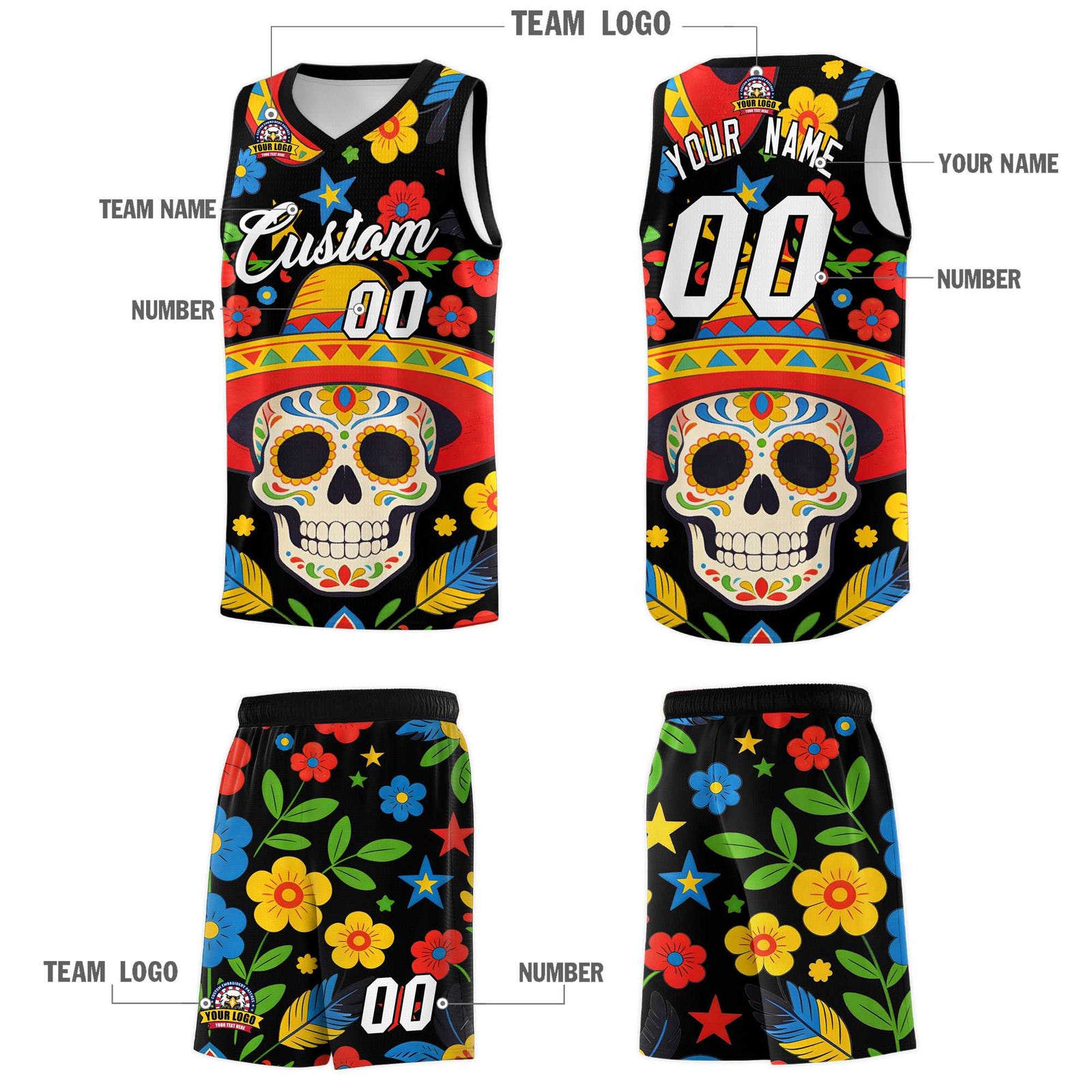 Custom Black Skeleton Mexican Colors Graffiti Patterns Breathable Uniform Basketball Jersey