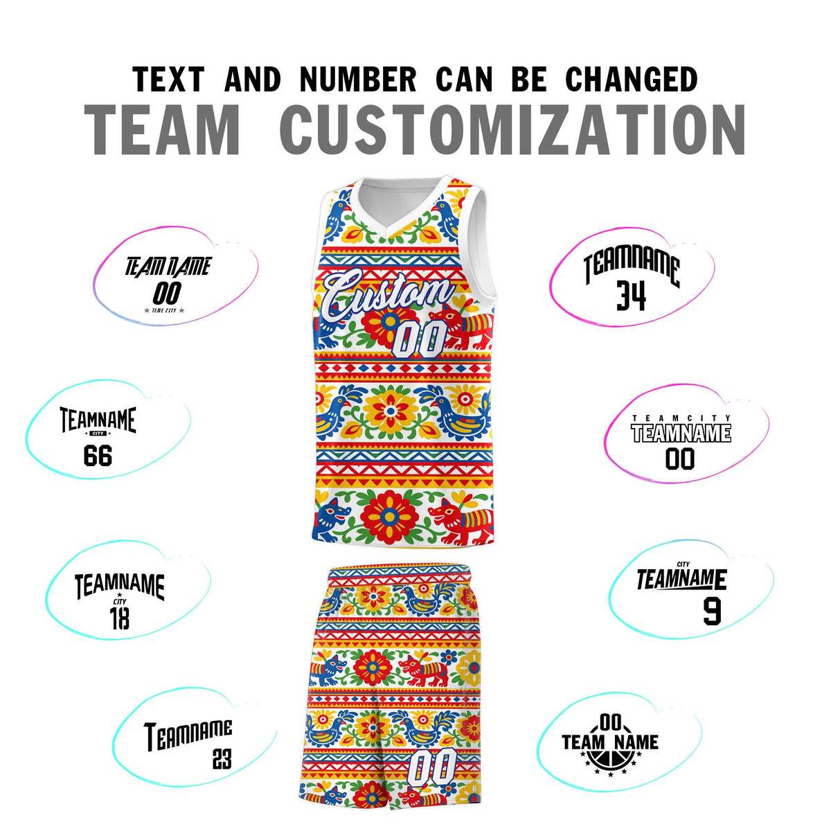 Custom White Colorfulflower pattern Mexican Colors Graffiti Patterns Quick-Drying Uniform Basketball Jersey