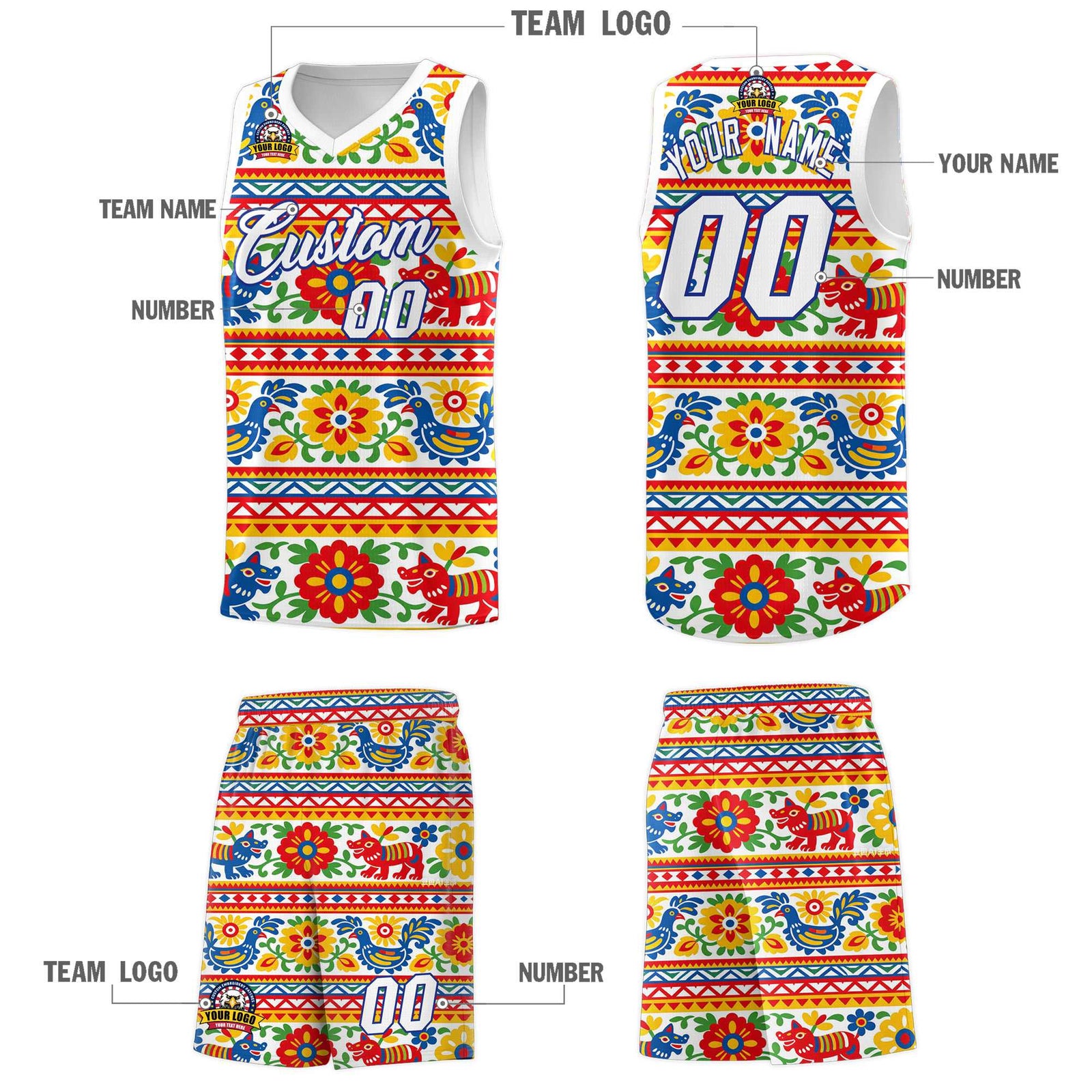 Custom White Colorfulflower pattern Mexican Colors Graffiti Patterns Quick-Drying Uniform Basketball Jersey