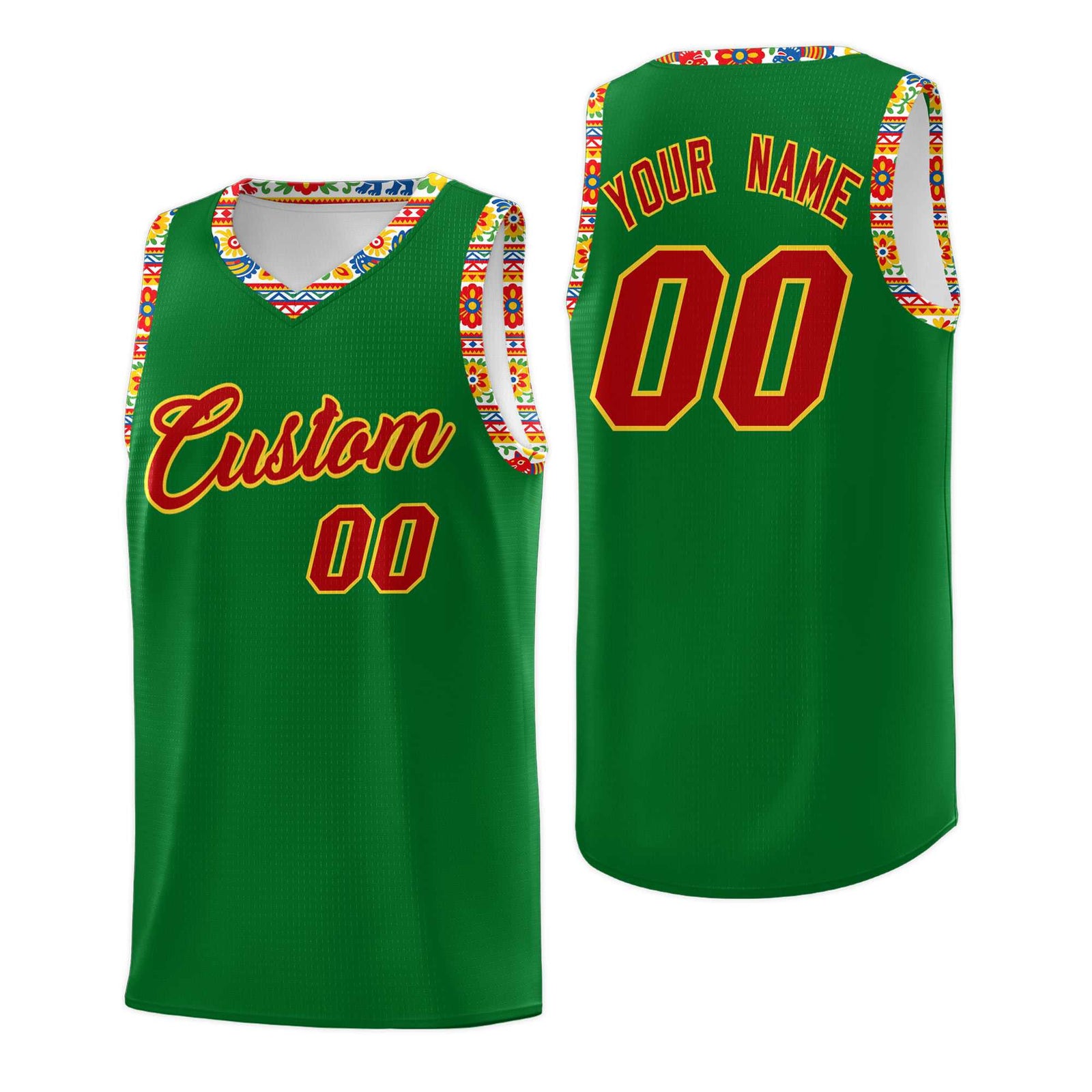 Custom Kelly Green Colorfulflower pattern Mexican Colors Graffiti Patterns Lightweight Uniform Basketball Jersey