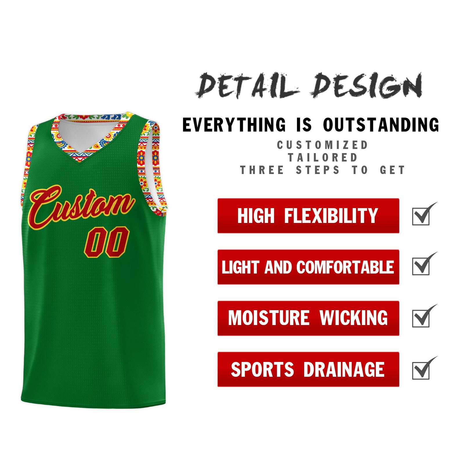 Custom Kelly Green Colorfulflower pattern Mexican Colors Graffiti Patterns Lightweight Uniform Basketball Jersey