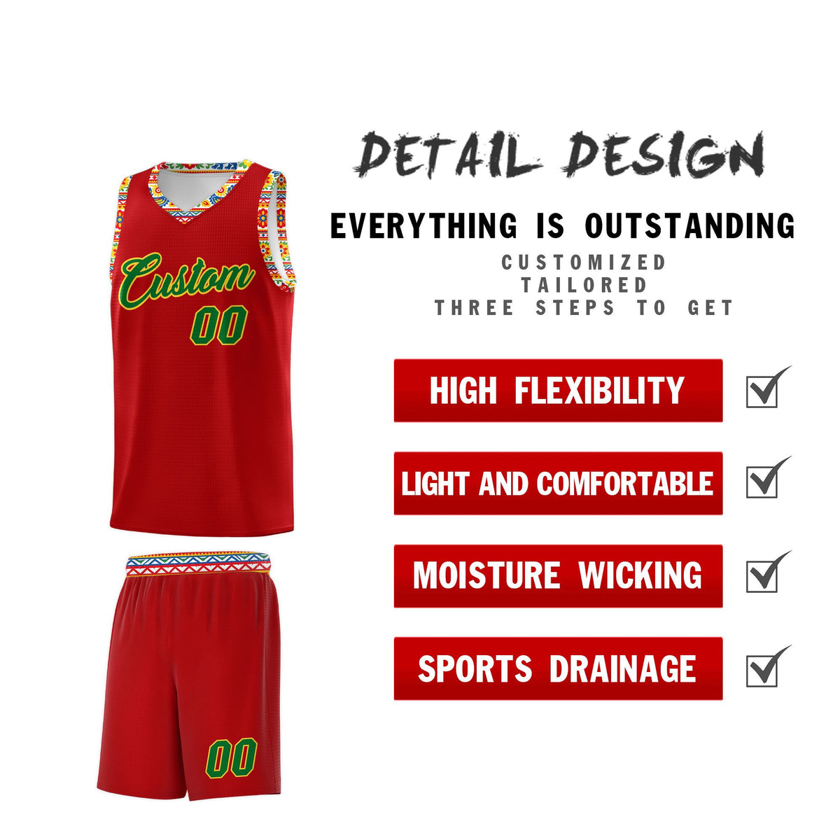 Custom Red Colorfulflower pattern Mexican Colors Graffiti Patterns Drapable Uniform Basketball Jersey
