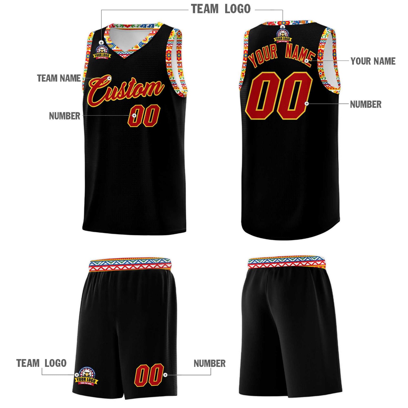 Custom Black Colorfulflower pattern Mexican Colors Graffiti Patterns Sublimation Printing Uniform Basketball Jersey