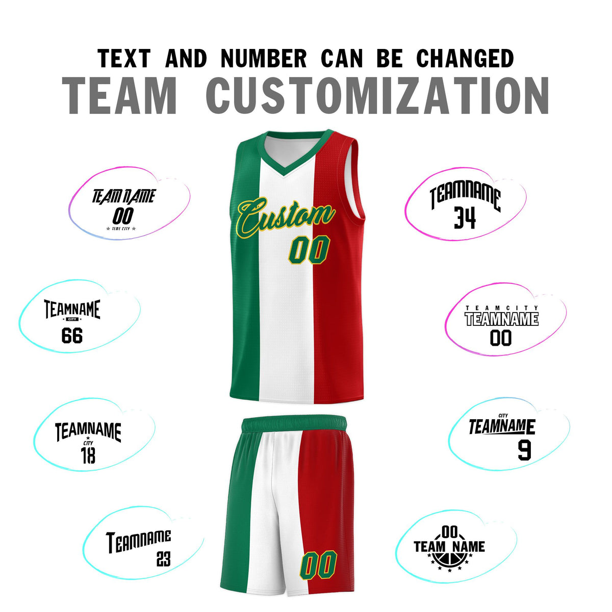 Custom White Kelly Green Red Mexican Colors Graffiti Patterns Breathable Uniform Basketball Jersey