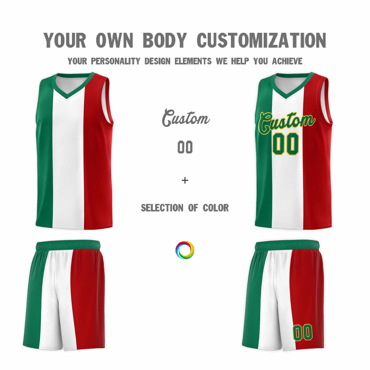 Custom White Kelly Green Red Mexican Colors Graffiti Patterns Breathable Uniform Basketball Jersey