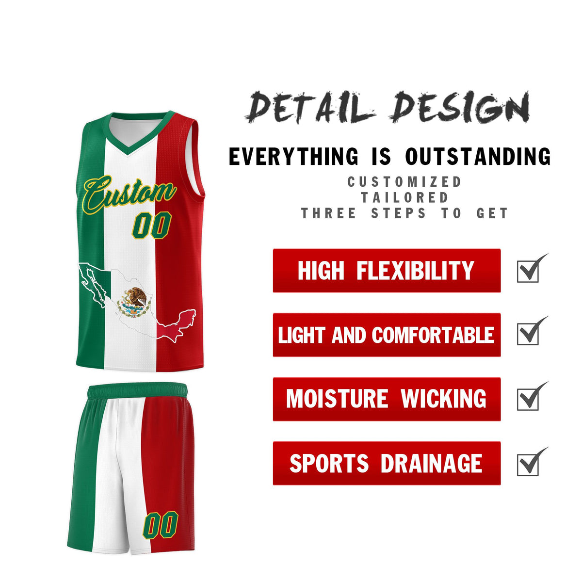 Custom White Kelly Green Red Mexican Colors Graffiti Patterns Quick-Drying Uniform Basketball Jersey