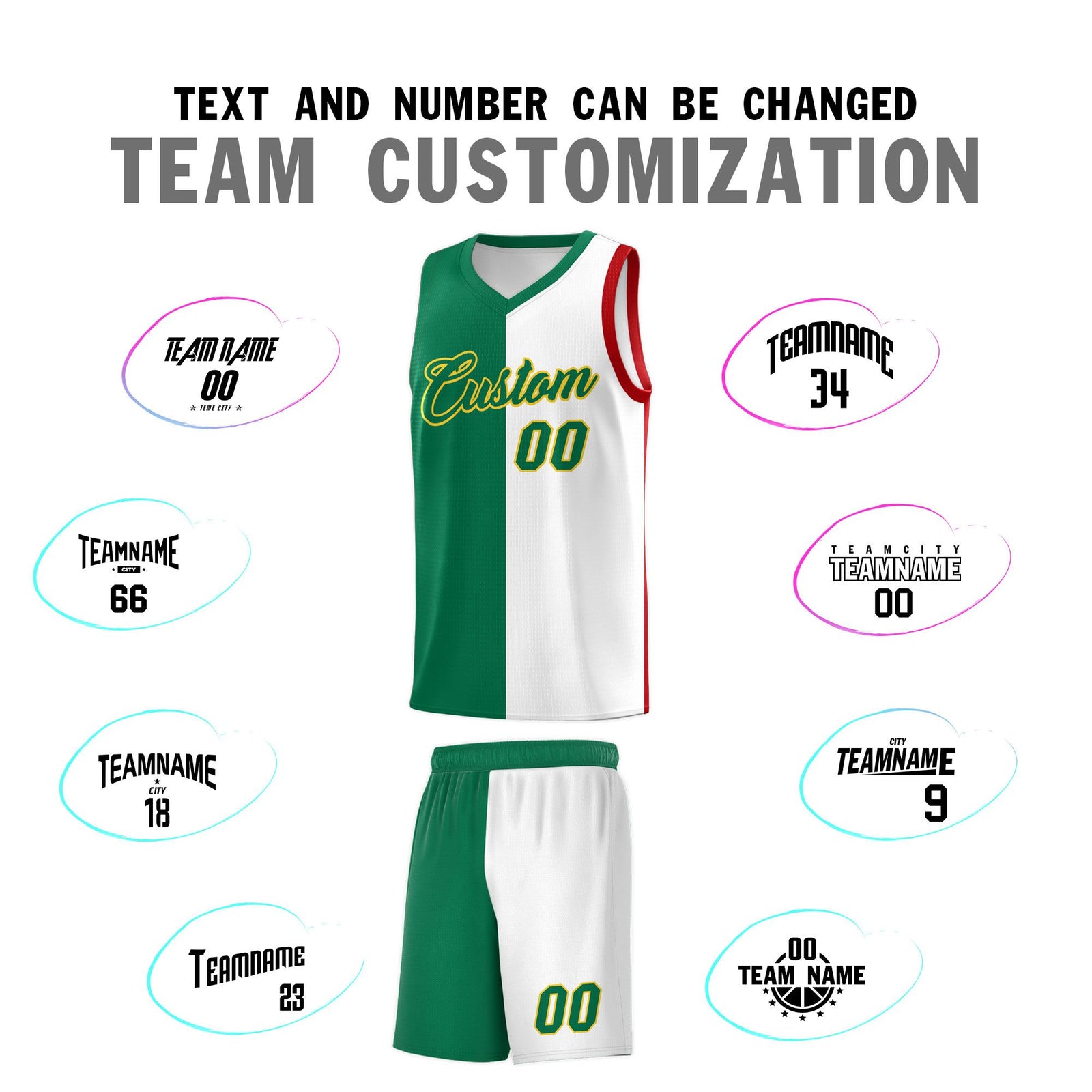 Custom White Kelly Green Red Mexican Colors Graffiti Patterns Lightweight Uniform Basketball Jersey