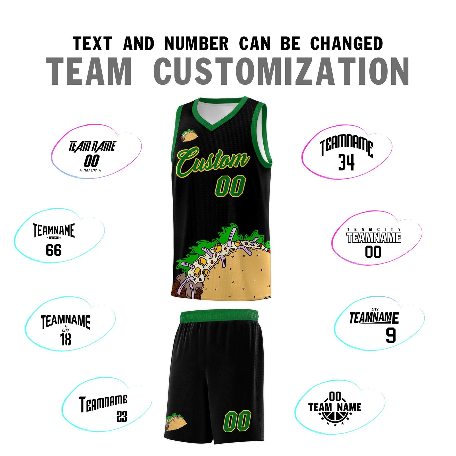 Custom Black Kelly Green Mexican Colors Graffiti Patterns Wrinkle-Resistant Uniform Basketball Jersey