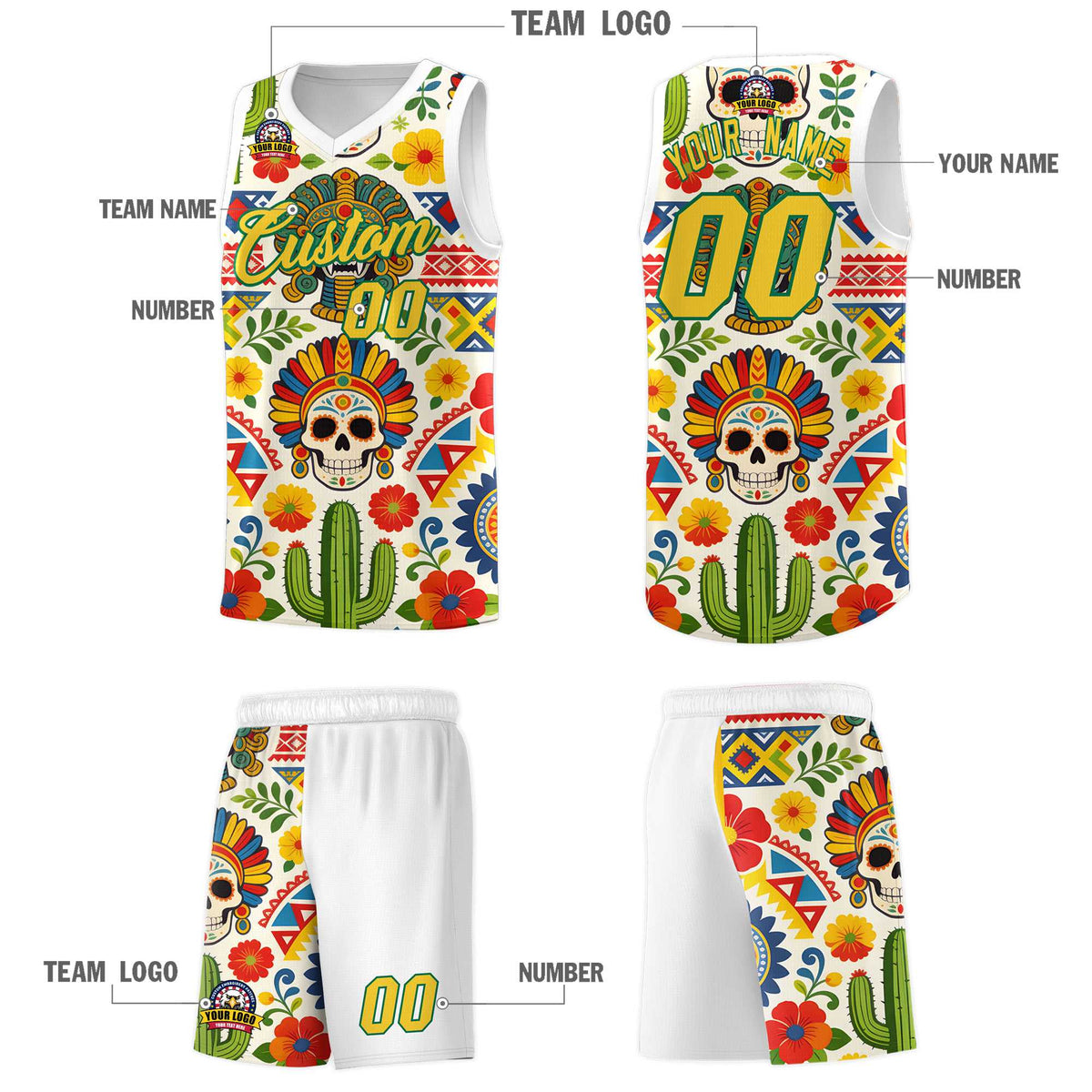 Custom White Skeleton Mexican Colors Graffiti Patterns Sublimation Printing Uniform Basketball Jersey