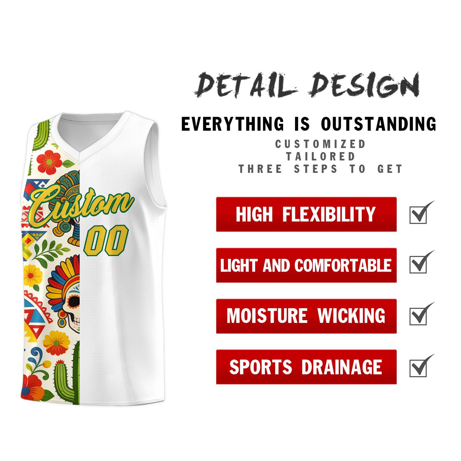 Custom White Skeleton Mexican Colors Graffiti Patterns Breathable Uniform Basketball Jersey