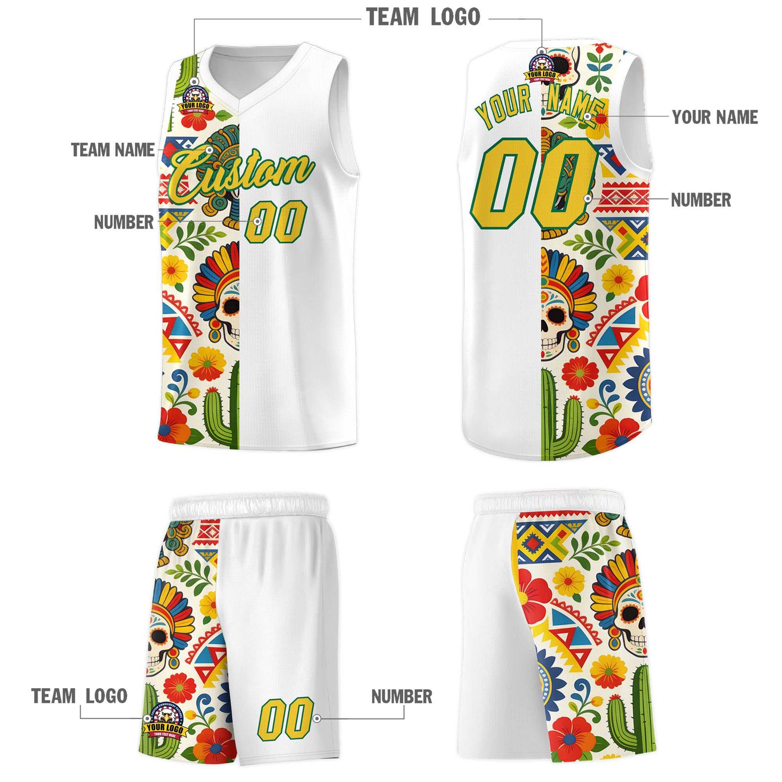 Custom White Skeleton Mexican Colors Graffiti Patterns Breathable Uniform Basketball Jersey