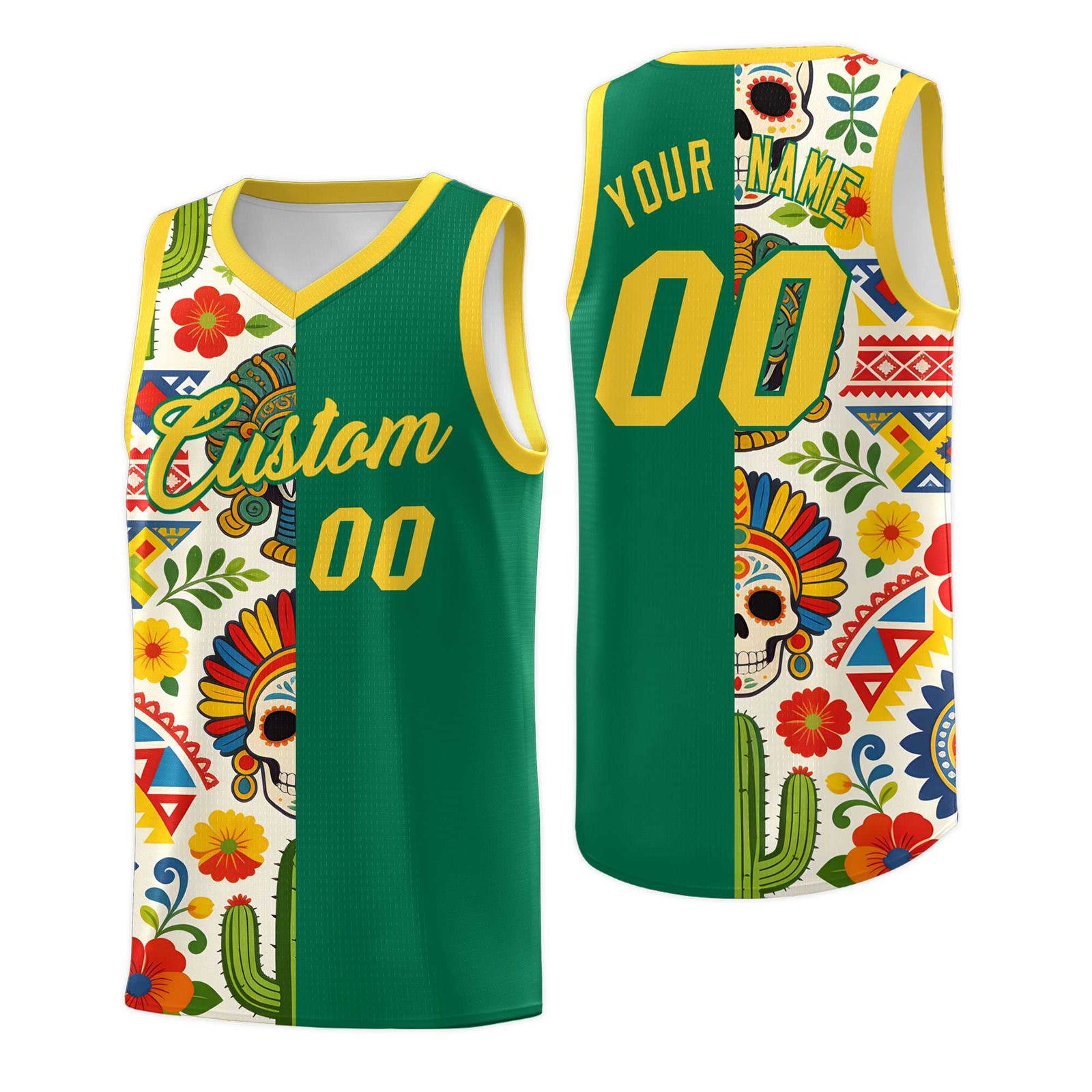 Custom Kelly Green Skeleton Mexican Colors Graffiti Patterns Quick-Drying Uniform Basketball Jersey