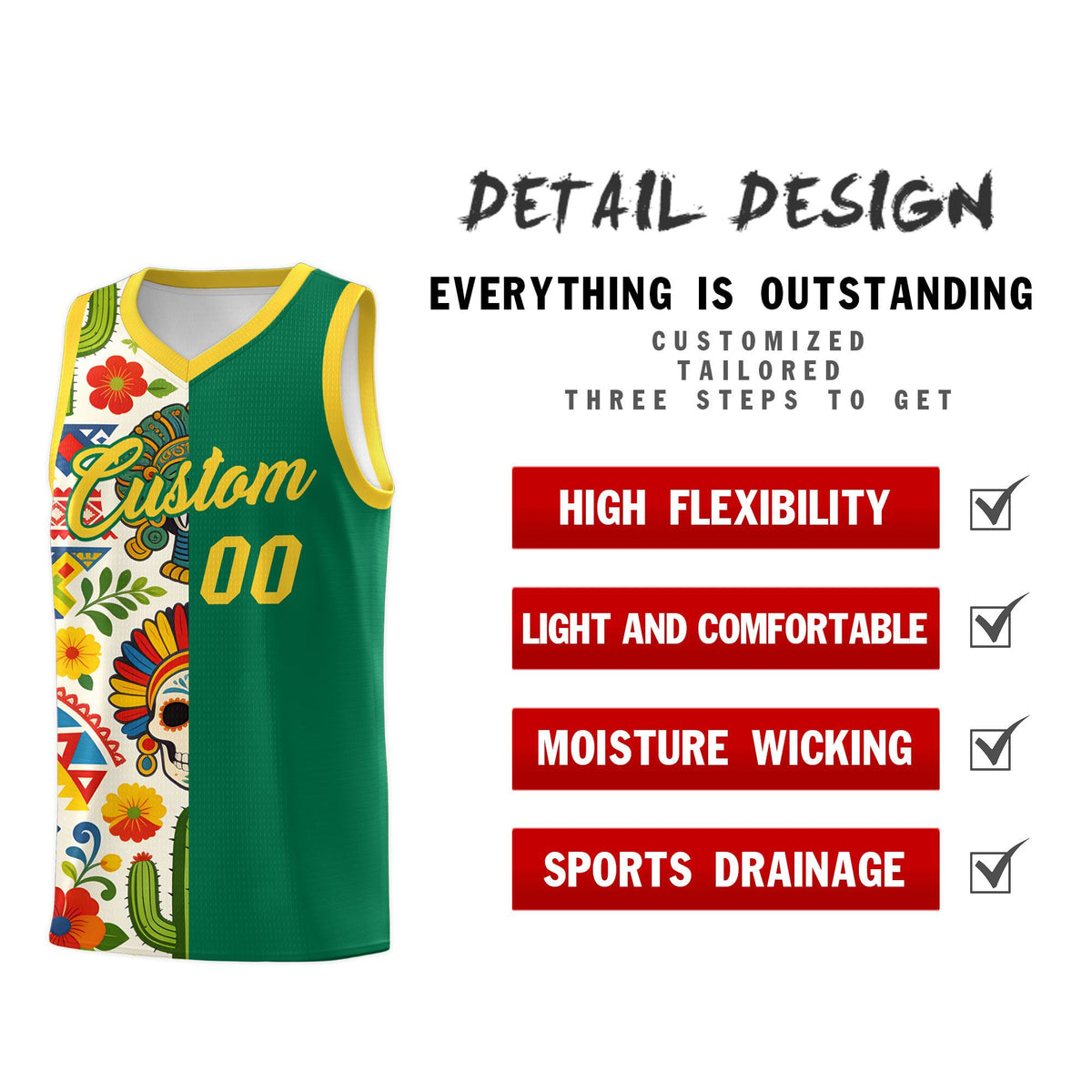 Custom Kelly Green Skeleton Mexican Colors Graffiti Patterns Quick-Drying Uniform Basketball Jersey
